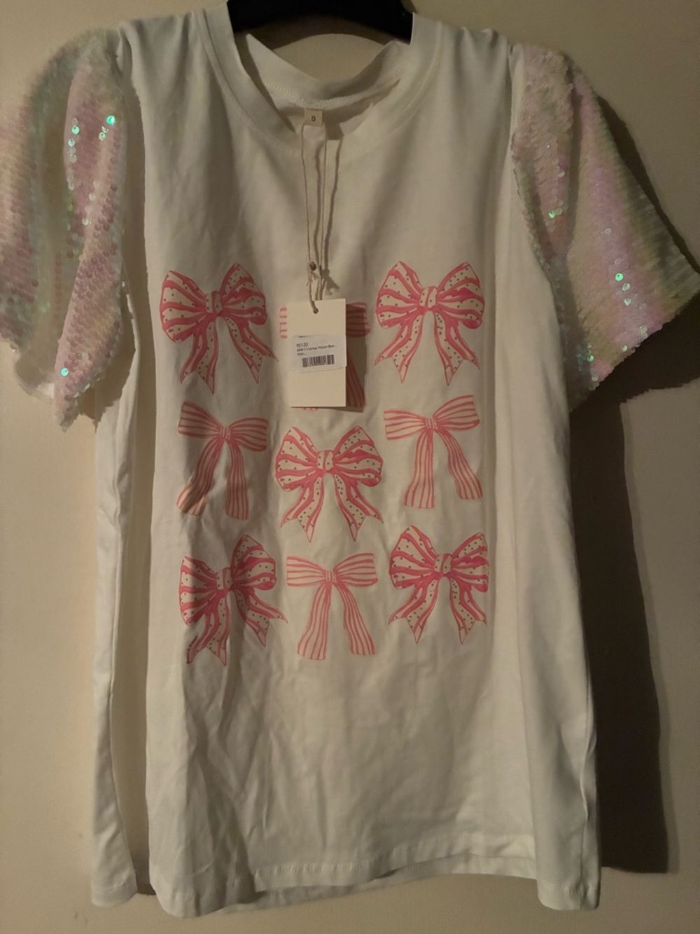 Pink Bow Print T Shirt  and Sequin Sleeves